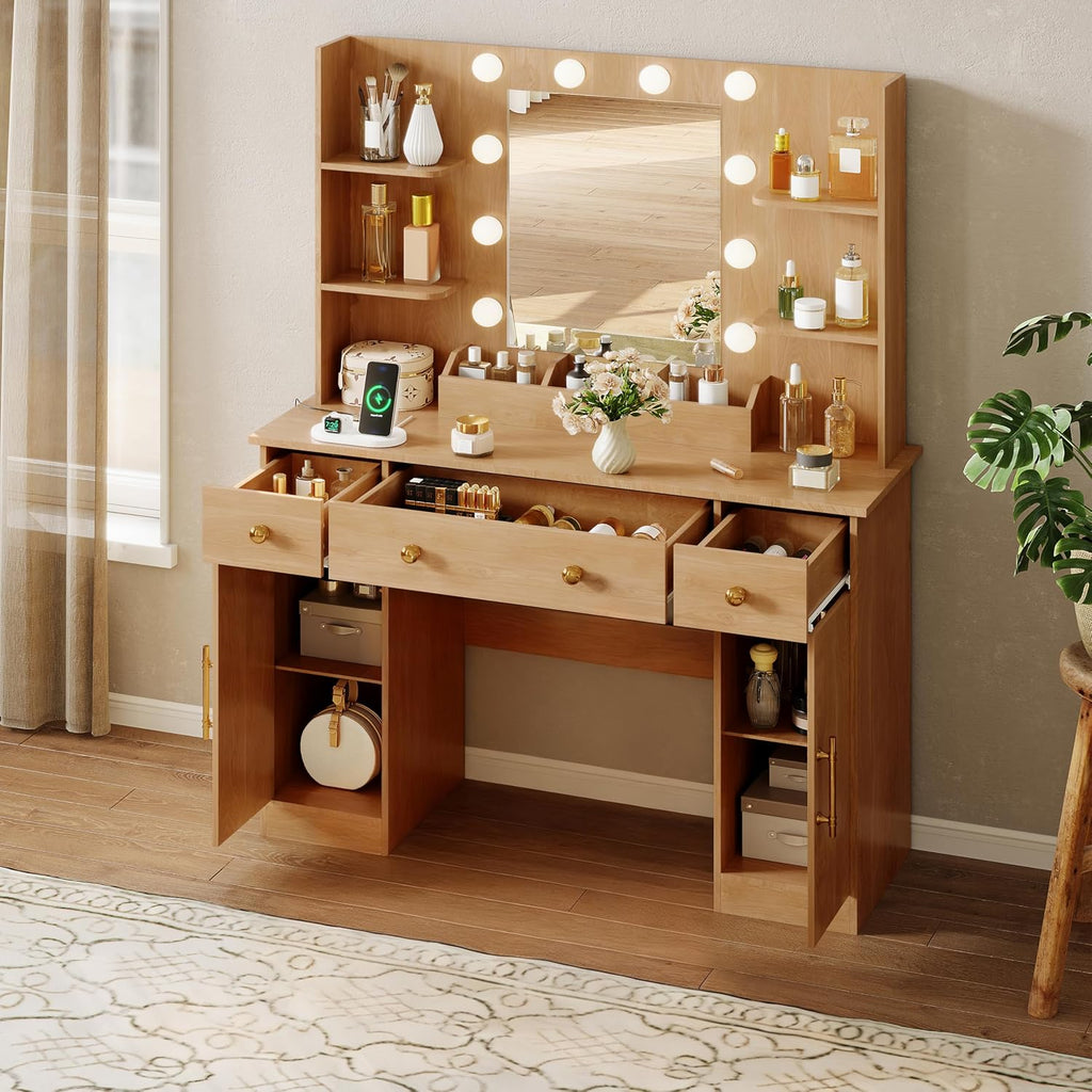 HUANLEGO Vanity Desk with Mirror and Lights, Makeup Vanity with Mirror and LED Lights & Power Outlet, 3 Drawers and Cabinets, 3 Lighting Modes Dressing Table Set for Girls Women Bedroom,Oak