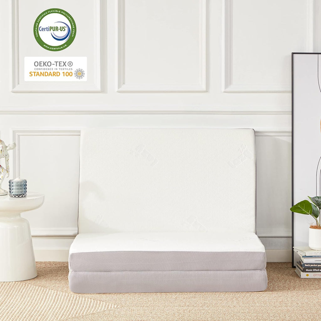 Lazyzizi Folding Mattress - 4 Inch Memory Foam Tri-fold Mattress with Breathable & Washable Bamboo Fiber Fabric Cover - Foldable Guest Bed for Camping, Road Trip, Full