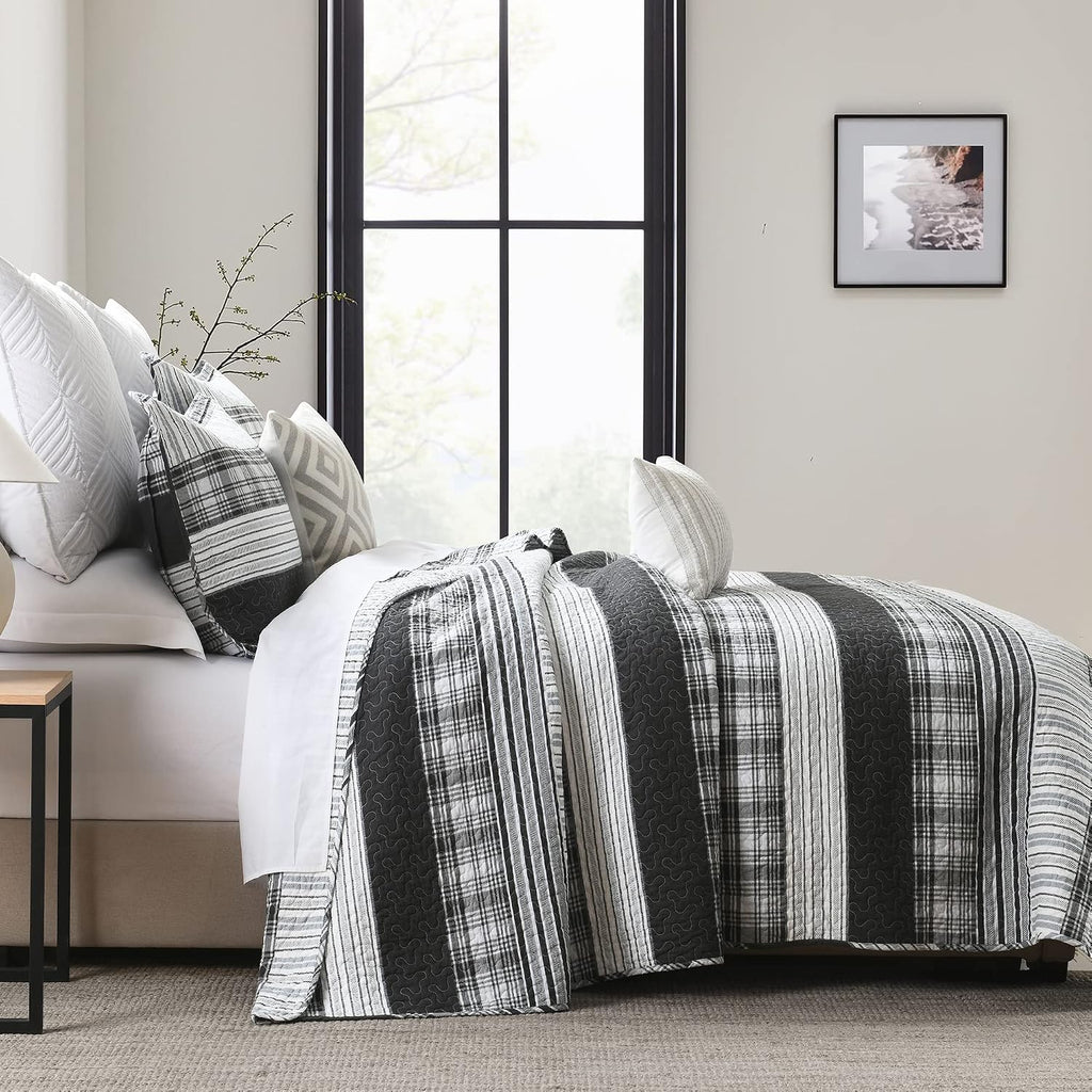 Homzard King Size Comforter - 100% Cotton, Black White Striped King Quilt Bedding Set,Black Grey Plaid Striped Bedding King,Farmhouse Lightweight Comforter for Bed,All Season