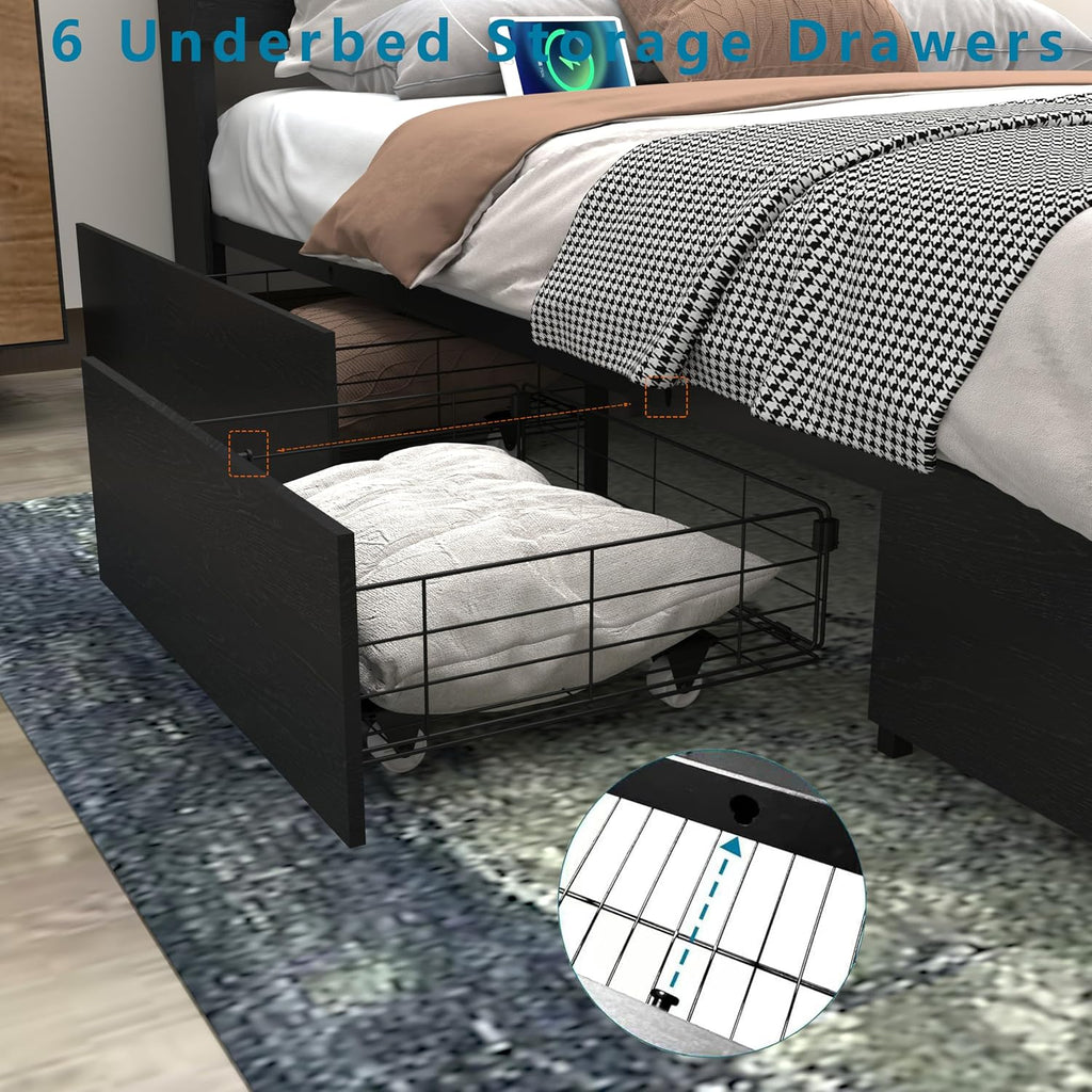 Ball & Cast Queen Bed Frame with 4 Storage Drawers,Metal Platform Beds Frame W/Storage Headboard,Led and Charging Station,No Box Spring Needed,Noise-Free,Bedroom Furniture for Apartment,Black