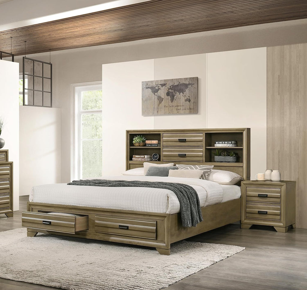 Roundhill Furniture Loiret Light Gray Finish 3-Piece Wood Bedroom Set with Queen Size Storage Bed with Two Nightstands