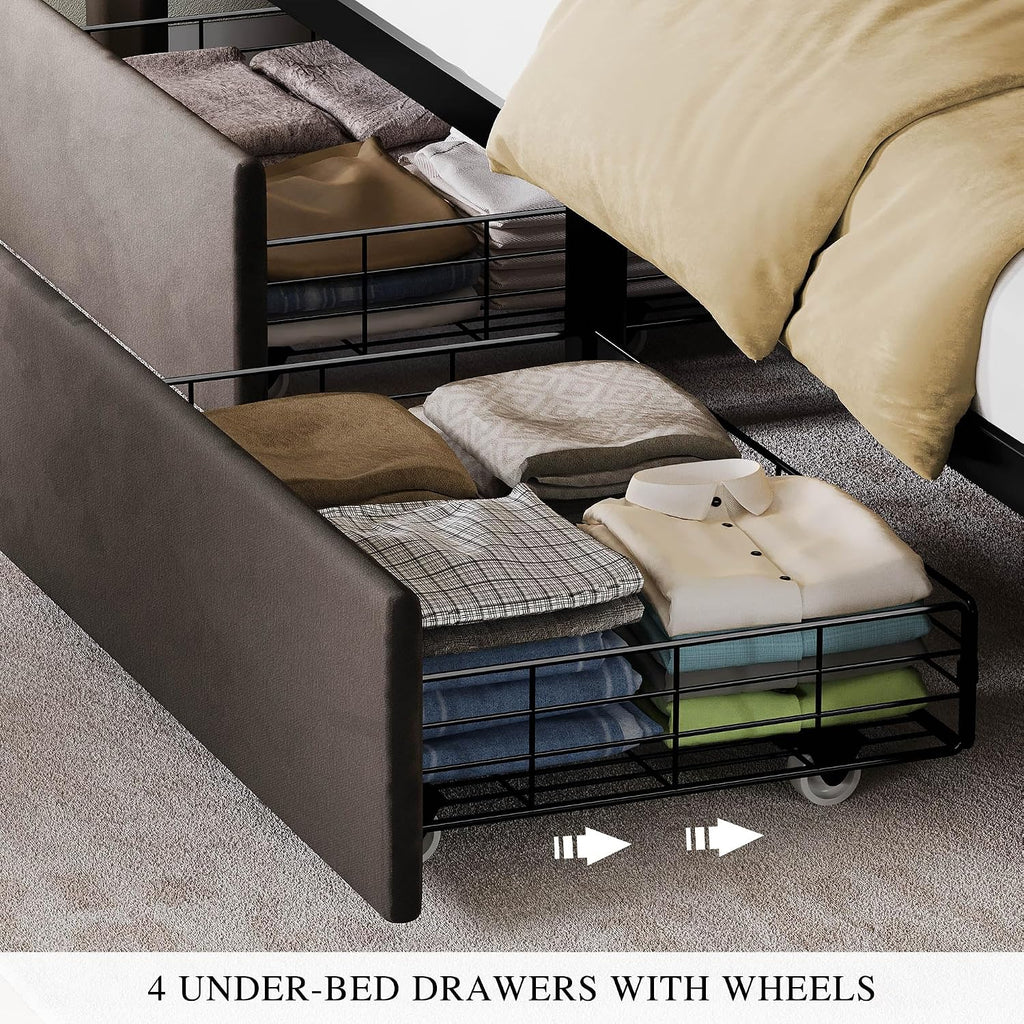 YITAHOME Queen Size Bed Frame with 4 Drawers and RGB LED Lights, Velvet Upholstered Platform Bed with Charging Station and Storage Headboard, No Box Spring Needed, Easy Assembly, Noise-Free, Grey