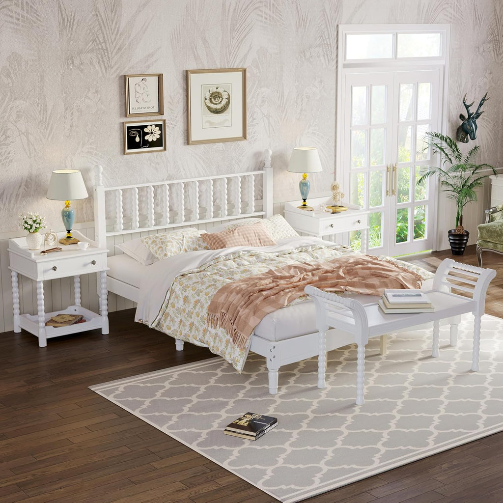 Retro Style 4-Pieces Bedroom Sets, Wood Queen Size Platform Bed with Gourd Shaped Headboard, 2 Storage Nightstand and Bench, Turned Legs Design (White-11.21)