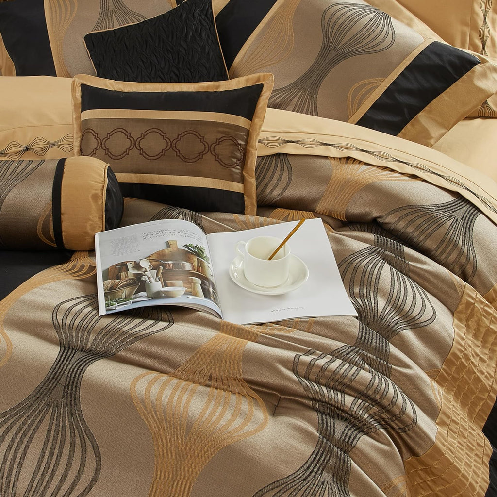 Grand Avenue Elegant Black and Gold Comforter Set King Size, Striped, 7 Pieces Jacquard Bedding Sets All Season with Comforter, Bed Skirt, Pillows & Shams, Lightweight Microfiber