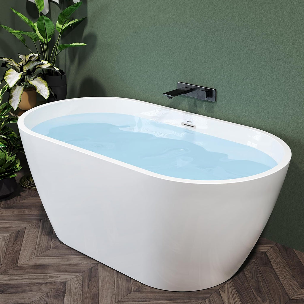 FerdY Nauru 55' Acrylic Freestanding Bathtub, Gracefully Shaped Freestanding Soaking Bathtub, Glossy White cUPC Certified, Toe-Tap Chrome Drain and Classic Slotted Overflow Included
