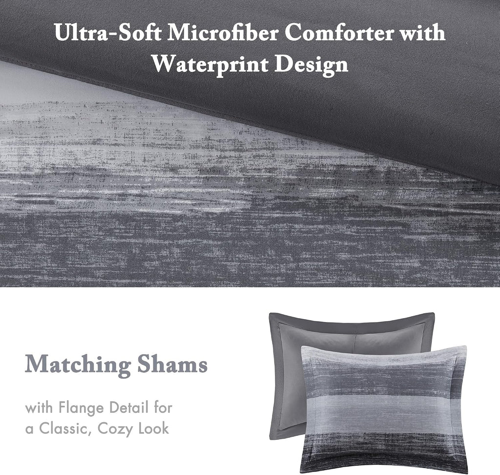 Madison Park Essentials Cal King Comforter Set, Bed in a Bag, Watercolor Print Coastal Comforter & Chambray Cotton Sheet Set, All Season Bedding, Saben, Black Cal King (104 in x 92 in) 9Piece