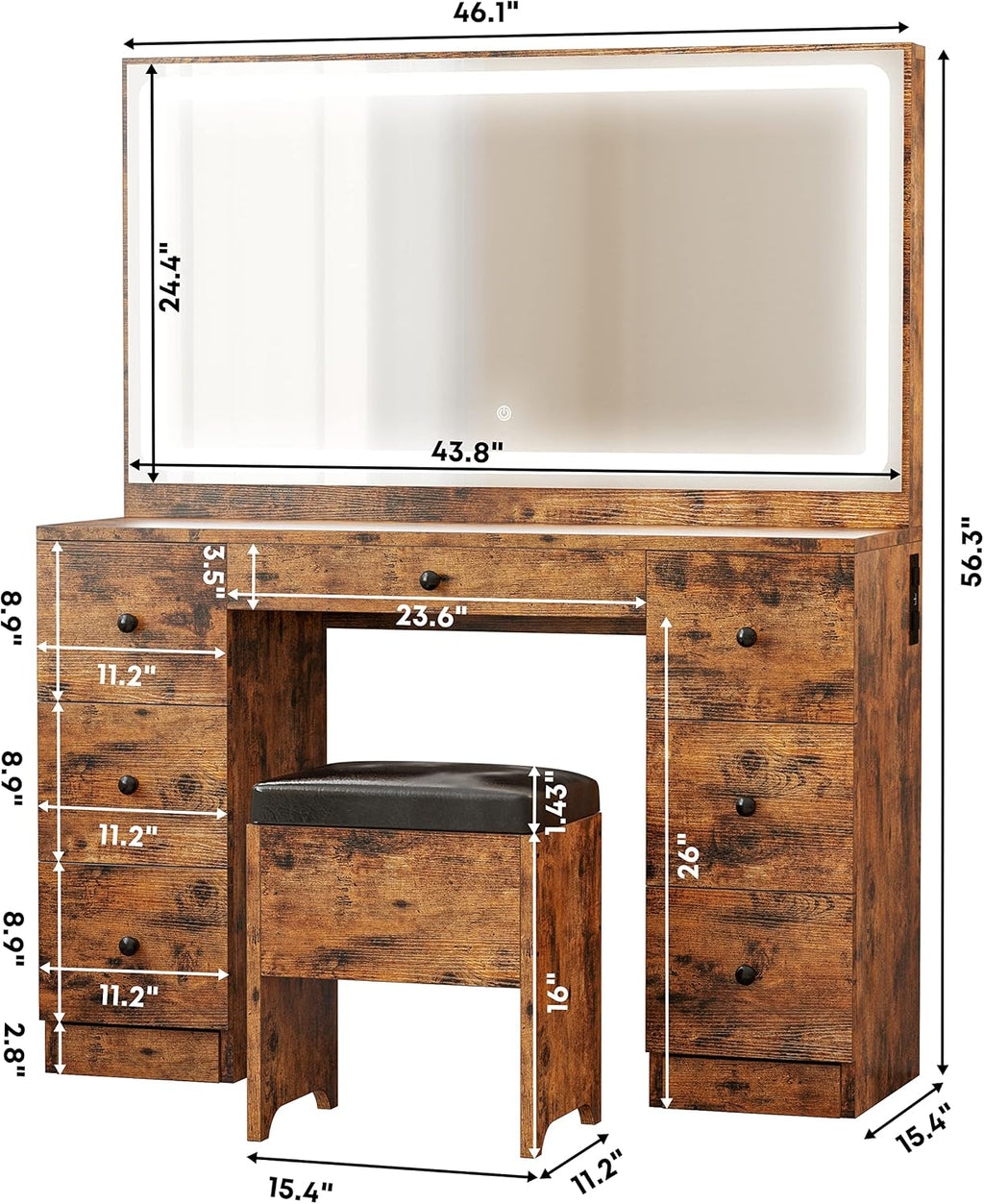 IRONCK Vanity Desk Set with Large LED Lighted Mirror & Power Outlet, 7 Drawers Vanities Dressing Makeup Table with Storage Bench, for Bedroom, Industrial Style Vintage Brown