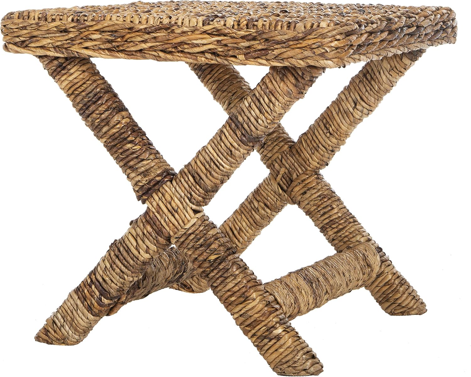 SAFAVIEH Furniture - Manor Natural Woven Rattan X Leg Bench Ottoman, Transitional Boho Accent Stool Seating, Fully Assembled, 22'W x 22'D x 19.5'H (FOX6529A)