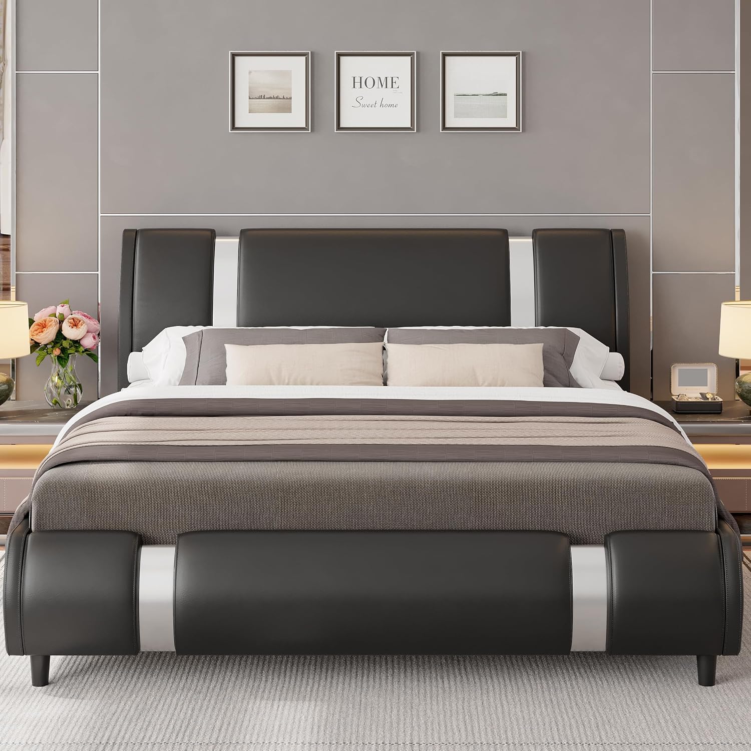 Keyluv Modern Faux Leather Upholstered Platform Bed Frame with Metal Decoration Headboard, Wooden Slats Support, No Box Spring Needed, Queen Size, Black