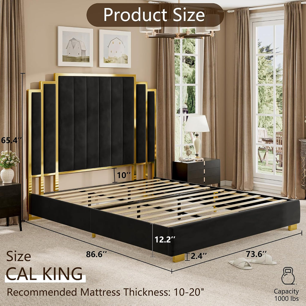 YUMPIE California King Size Platform Bed Frame with 65' Extra Tall Headboard, Velvet Upholstered Bed with Golden Plating Trim, Wooden Slats/No Box Spring Needed/Noisy Free/Black