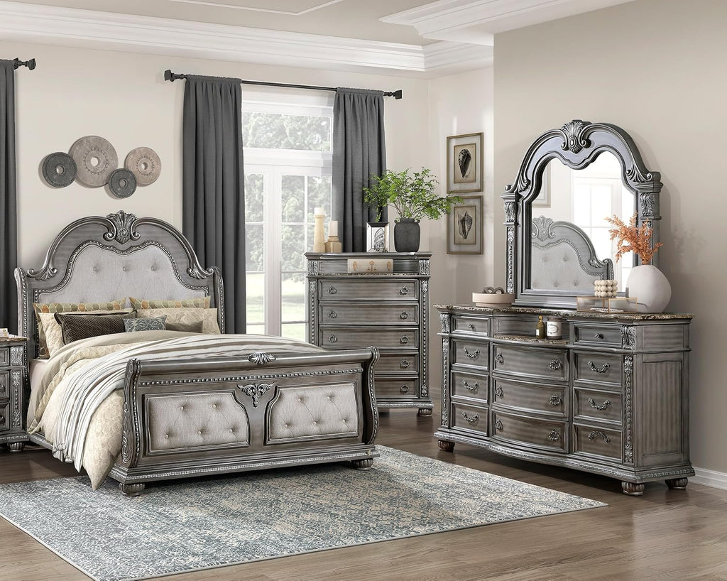 Formal 4-Pieces Queen Size Bed Set Gray Finish Carving Wood Luxury Traditional Bedroom Furniture