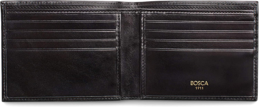 Bosca Men's Leather Wallet - RFID Security Lining - 8 Card Slots - Divided Currency Well - Full Grain Italian Leather with Glossy Finish - Black