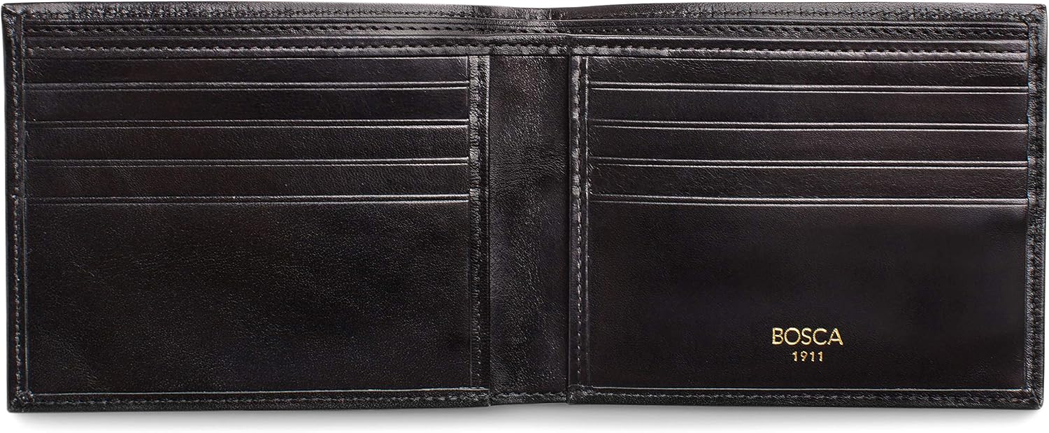 Bosca Men's Leather Wallet - RFID Security Lining - 8 Card Slots - Divided Currency Well - Full Grain Italian Leather with Glossy Finish - Black