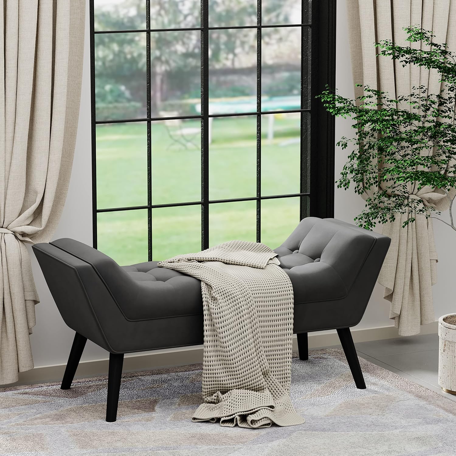 Andeworld Bed Bench Upholstered Tufted Footstool Entryway Ottoman Bench Two Seaters (Dark Gray)