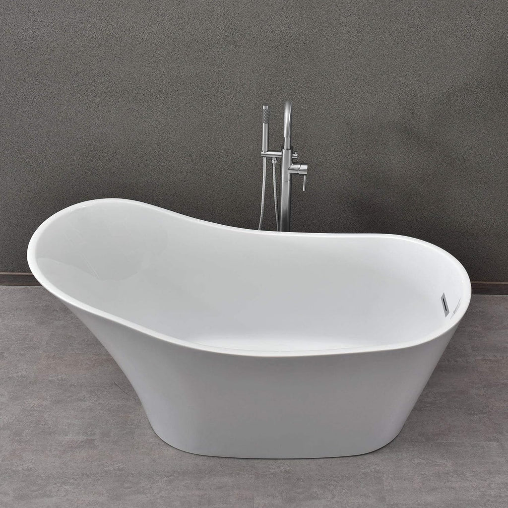 WOODBRIDGE 59' Acrylic Freestanding Bathtub Contemporary Soaking White Tub with Chrome Overflow and Drain，B0029-C-Drain&O