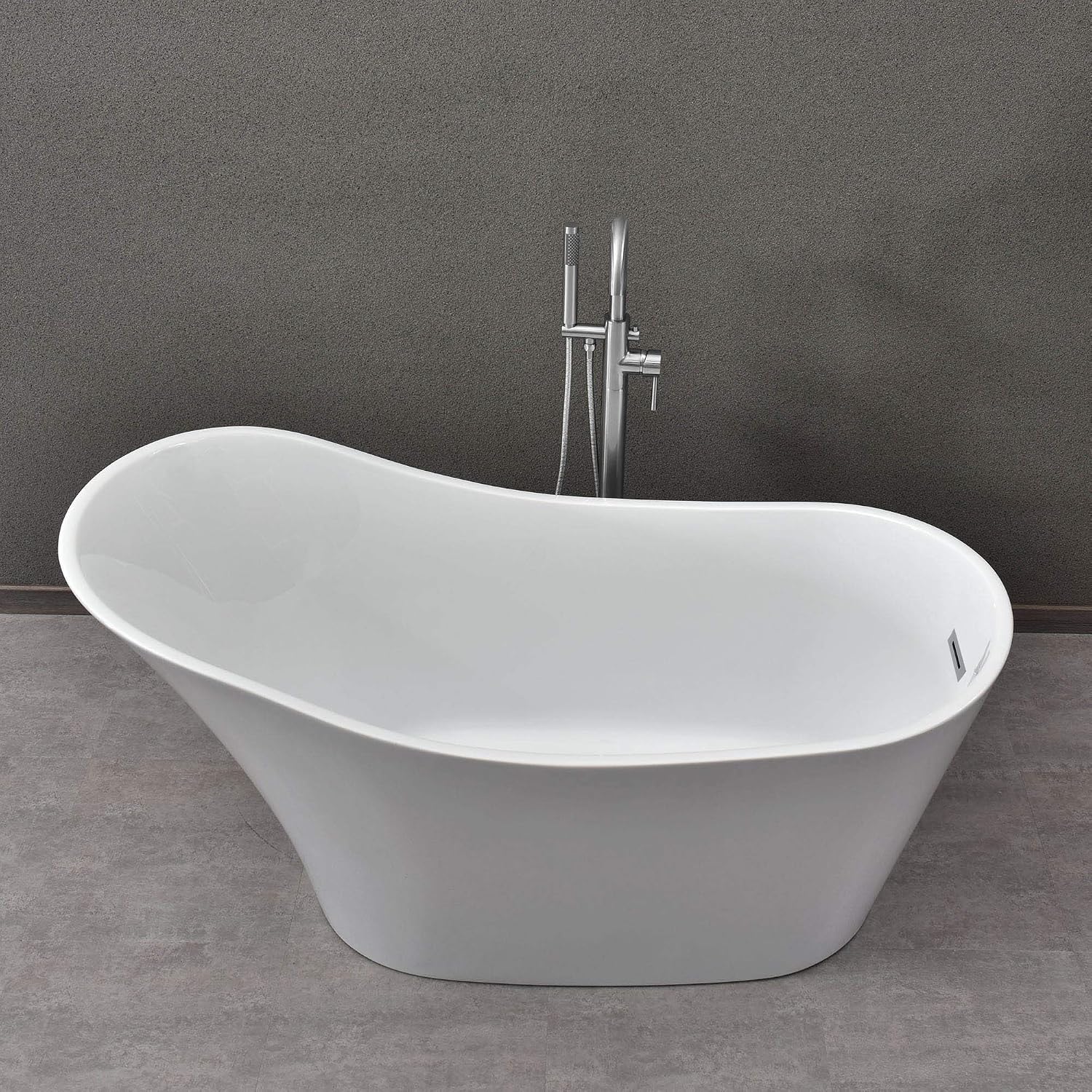 WOODBRIDGE 59' Acrylic Freestanding Bathtub Contemporary Soaking White Tub with Chrome Overflow and Drain，B0029-C-Drain&O