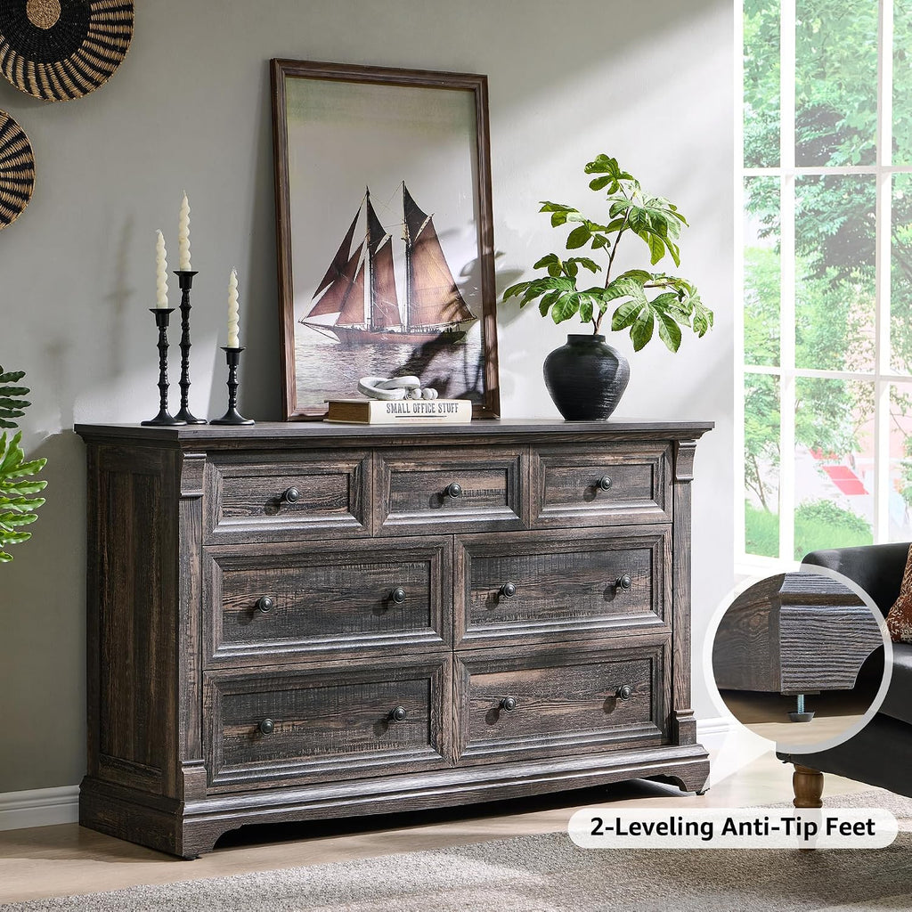 T4TREAM Farmhouse 7 Drawers Dresser for Bedroom, 54' Wide Wood Rustic Chest of Drawers w/Roman Column, Wooden Storage Dressers Organizer for Bedroom, Living Room, Closet, Dark Rustic Oak