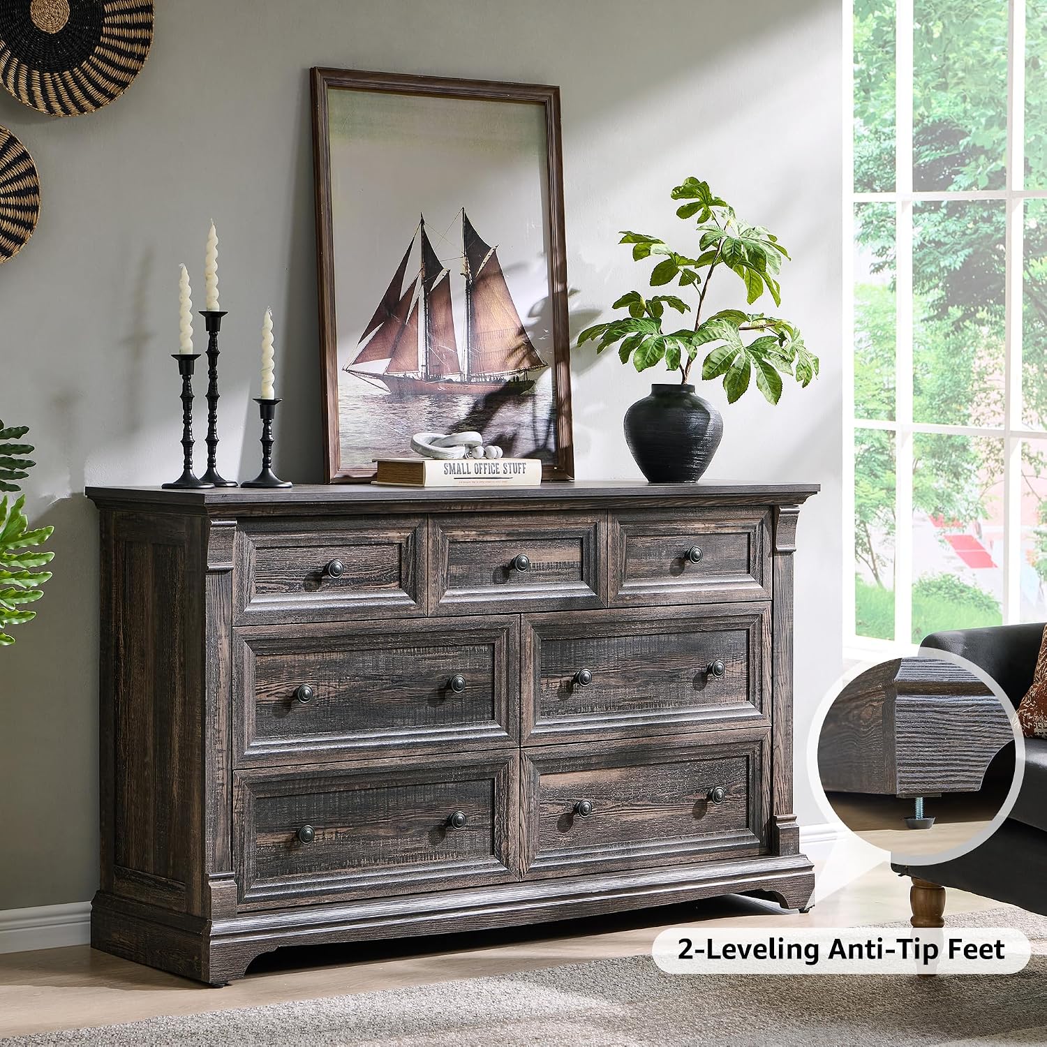 T4TREAM Farmhouse 7 Drawers Dresser for Bedroom, 54' Wide Wood Rustic Chest of Drawers w/Roman Column, Wooden Storage Dressers Organizer for Bedroom, Living Room, Closet, Dark Rustic Oak