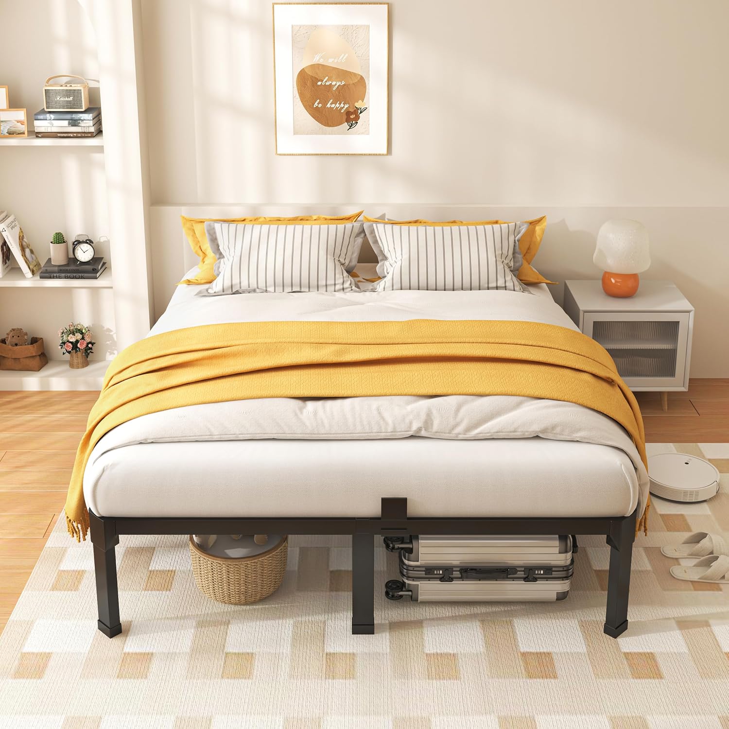 ROIL 14 Inch King Size Bed Frame with Mattress Slide Stopper - Double Black Basic Anti Squeak Steel Slats Metal Platform, Heavy Duty Noise Free Easy Assembly Bedframes, No Box Spring Needed