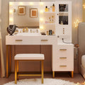 IRONCK Vanity Desk with Mirror and Lights, Makeup Vanity Table with 5 Drawers & Shelves, Power Outlet, Vanity Stool, Dressing Table with Jewelry Storage for Girls Bedroom, White & Gold