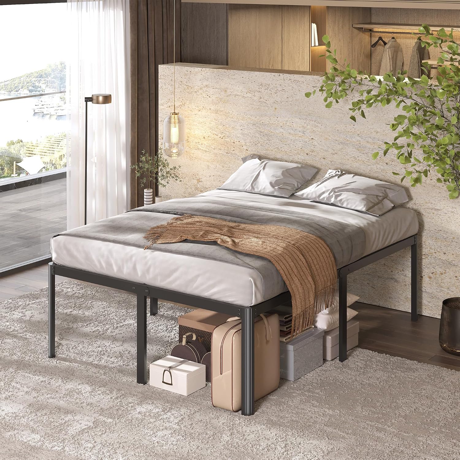 Lutown-Teen 22 Inch High Queen Bed Frame with Rounded Corner Legs, Heavy Duty Metal Queen Platform Bed Frame with Steel Slats Support, No Box Spring Needed, Noise Free, Easy Assembly