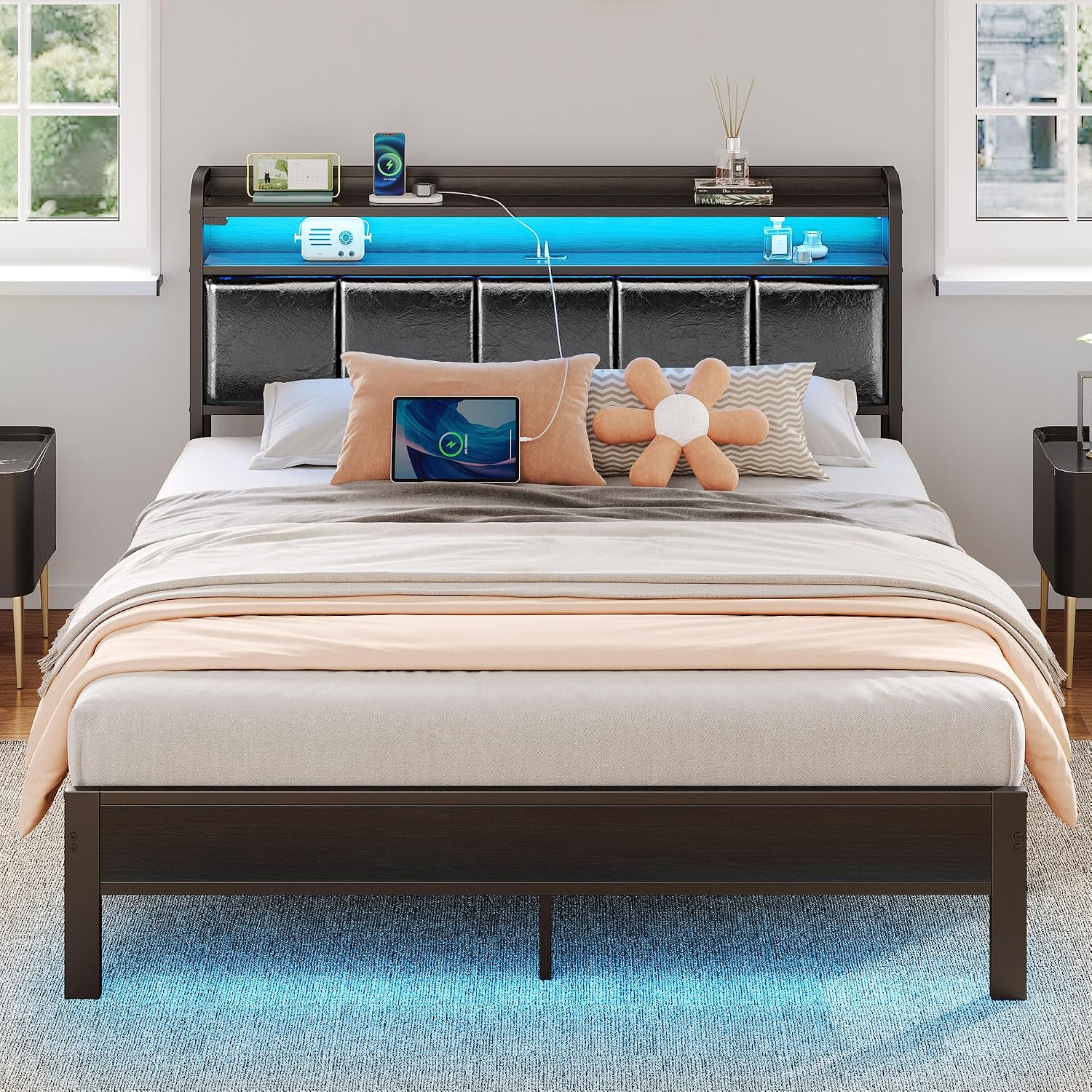 Rolanstar Bed Frame Queen Size with Charging Station and LED Lights, PU Leather Headboard with Storage Shelves, Heavy Duty Metal Slats, No Box Spring Need, Noise Free, Easy Assembly, Black