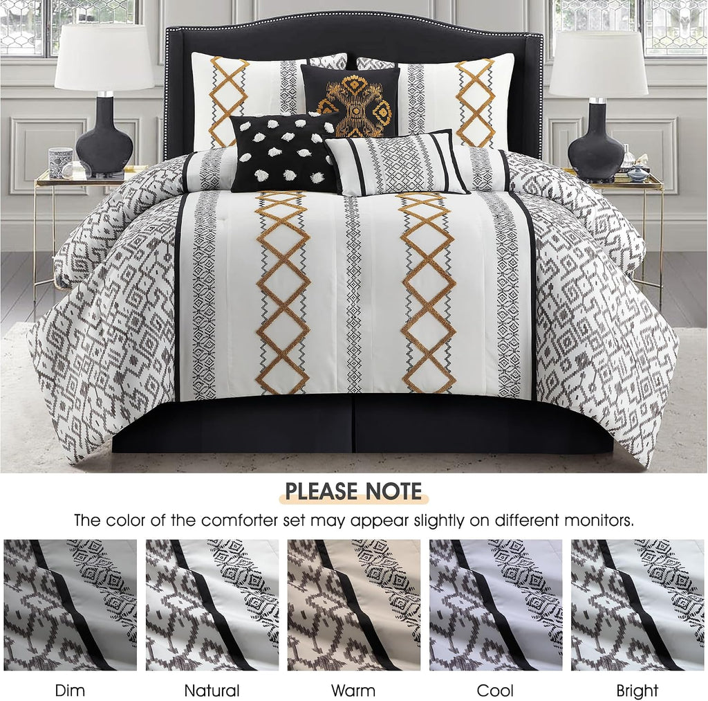 LANCO MODERN LIFESTYLE Black Gold King Comforter Set, 7 Pieces All Season Bedding Sets in a Bag with Geometric Terry Embroidered Comforter, Bed Skirt, Pillow Shams and Decorative Pillows