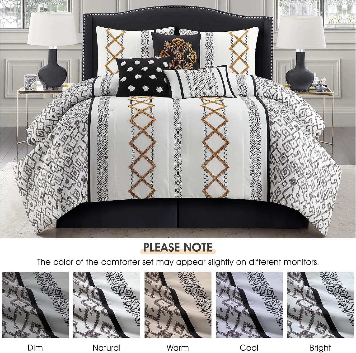 LANCO MODERN LIFESTYLE Black Gold California King Comforter Set, 7 Pieces All Season Bedding Sets in a Bag with Geometric Terry Embroidered Comforter, Bed Skirt, Pillow Shams and Decorative Pillows