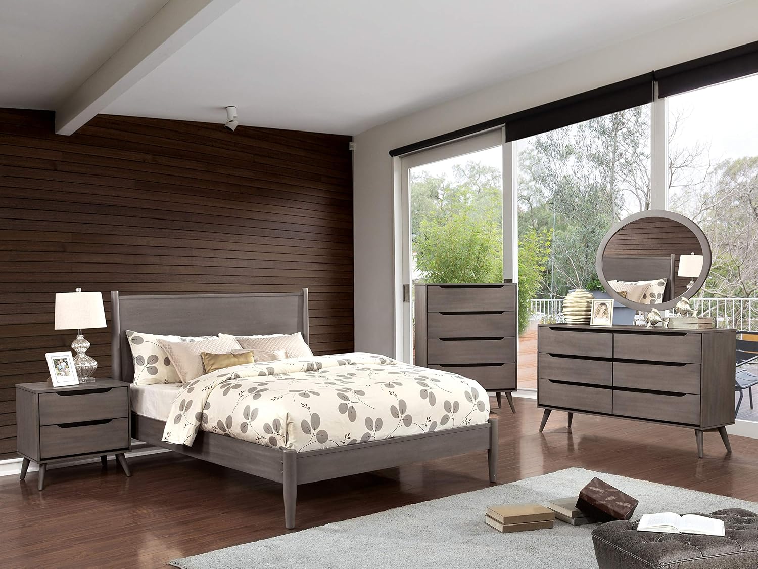 24/7 Shop at Home Chopard Contemporary Wood Bedroom Set, 4-Piece California King Bedroom Set with Ovel Mirror, Gray