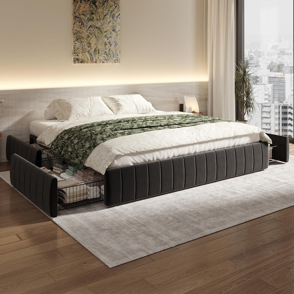 SHA CERLIN King Size Velvet Upholstered Platform Bed Frame with 4 Storage Drawers, Vertical Channel Tufted, Low Profile, Fits Standard Headboards, Wooden Slats Support, Easy Assembly, Black