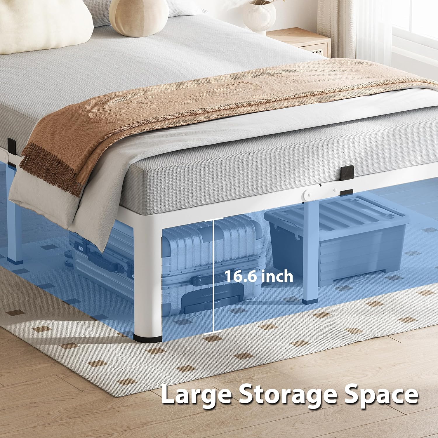 VIPSHOW 18 Inch Full Size White Bed Frame, 3500Lbs Heavy Duty Metal Platform with Round Corner Legs Mattress Slide Stopper, Steel Slat Support No Box Spring Needed, Noise Free, Non-Slip, Easy Assembly