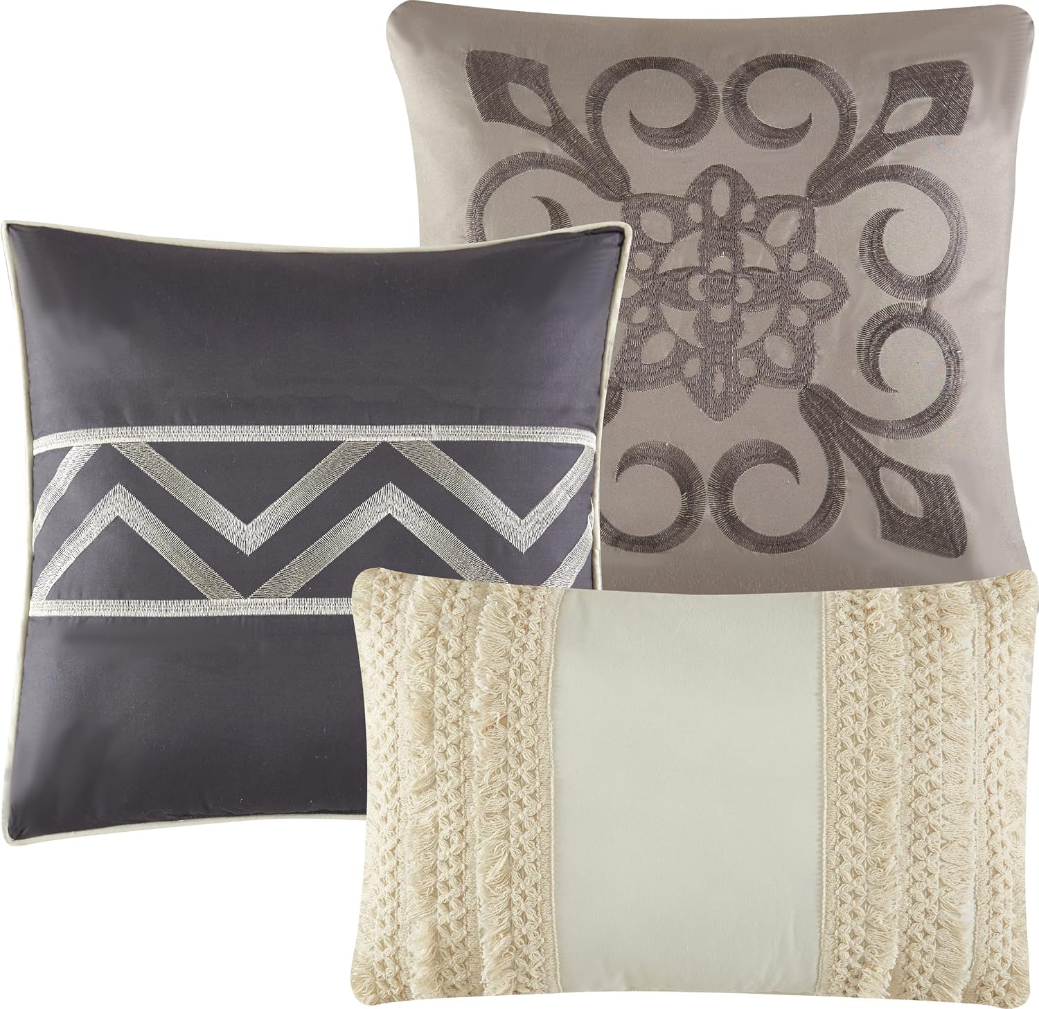Stratford Park Beige/Ivory Boho Geometric King Size Comforter Set, 7 Piece, Print & Terry Embroidery Ultra Soft, Premium Microfiber, Home Decor