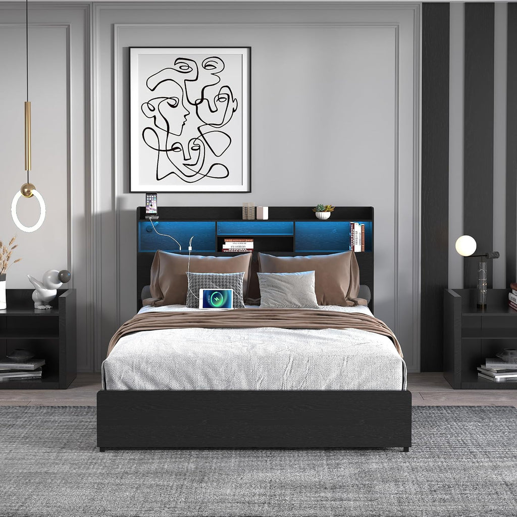 Ball & Cast Queen Bed Frame with 4 Storage Drawers,Metal Platform Beds Frame W/Storage Headboard,Led and Charging Station,No Box Spring Needed,Noise-Free,Bedroom Furniture for Apartment,Black