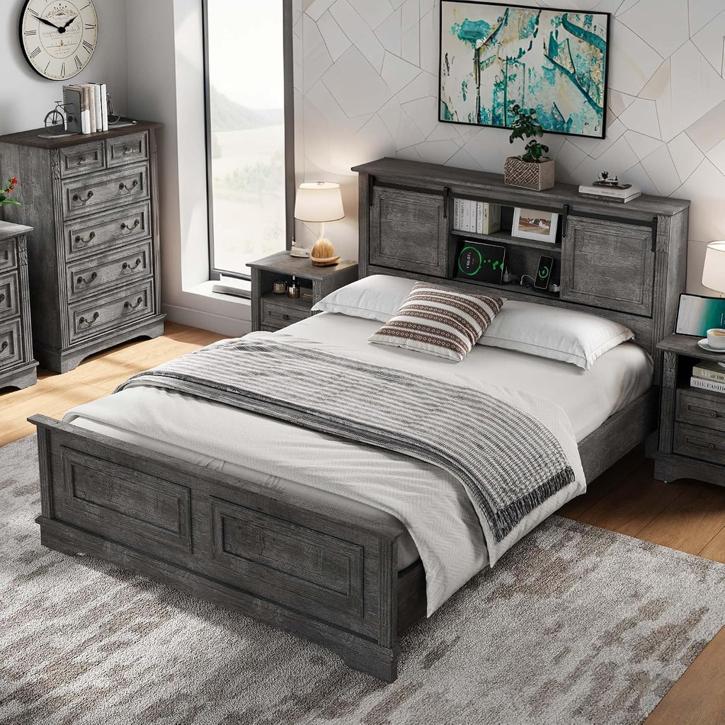BOSHIRO Farmhouse Queen Size Bed Frame with Storage Bookcase Headboard, Bed Frame Wood Platform w/Charging Station, Bracket Footboard, 2 Large Sliding Barn Doors, No Box Spring Needed - Light Gray