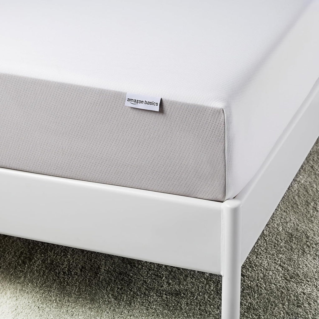 Amazon Basics Memory Foam Mattress, Soft Plush Feel, Breathable, Contours to Body, 8 Inch, Twin, White/Grey