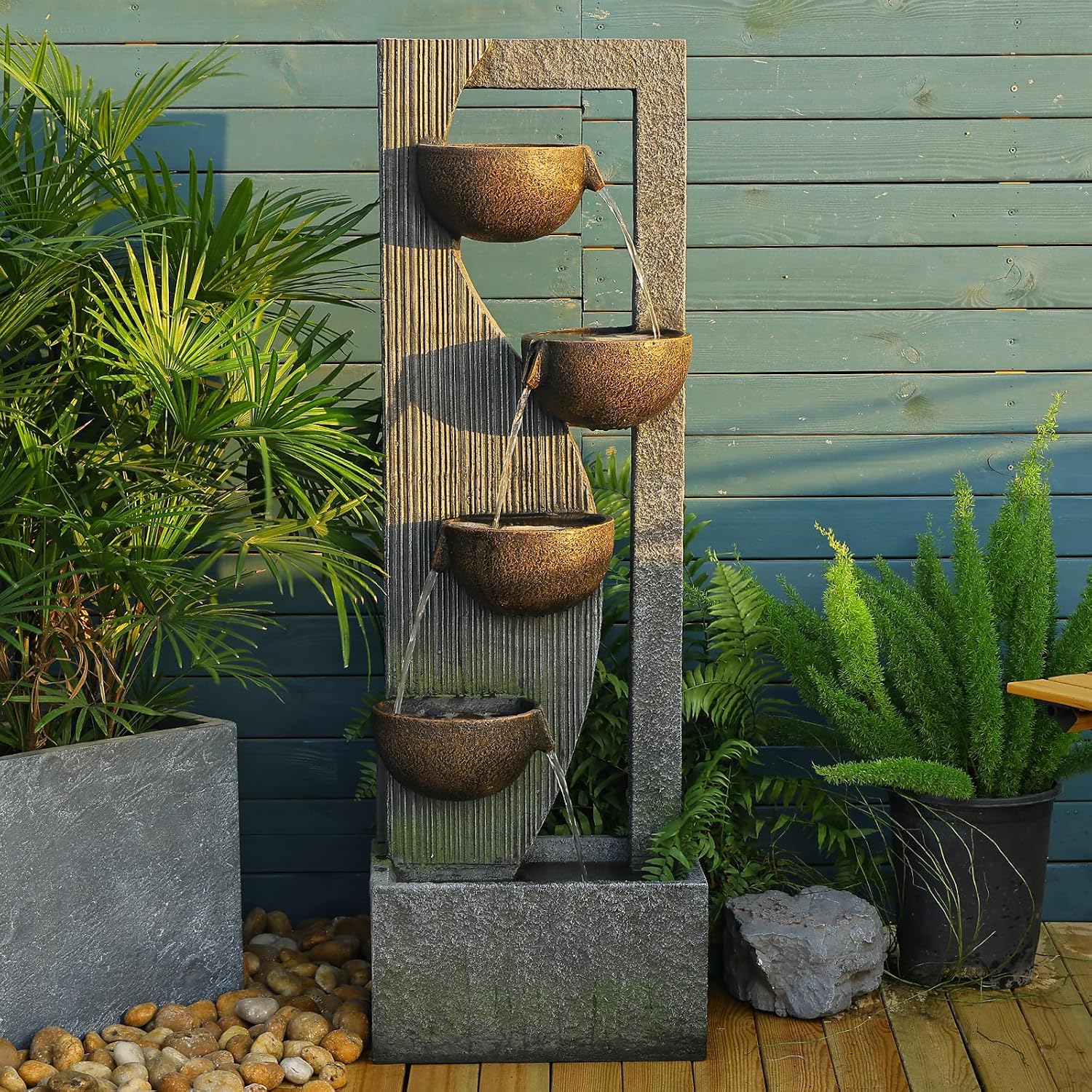 Sunlinua Outdoor-Water-Fountain Waterfalls Garden Fountain 5-Tier Outdoor Floor Standing Water Fountains with Natural Stones, LED Lights, Pump for Garden, Living Room, Patio, 49.2 Inches Tall
