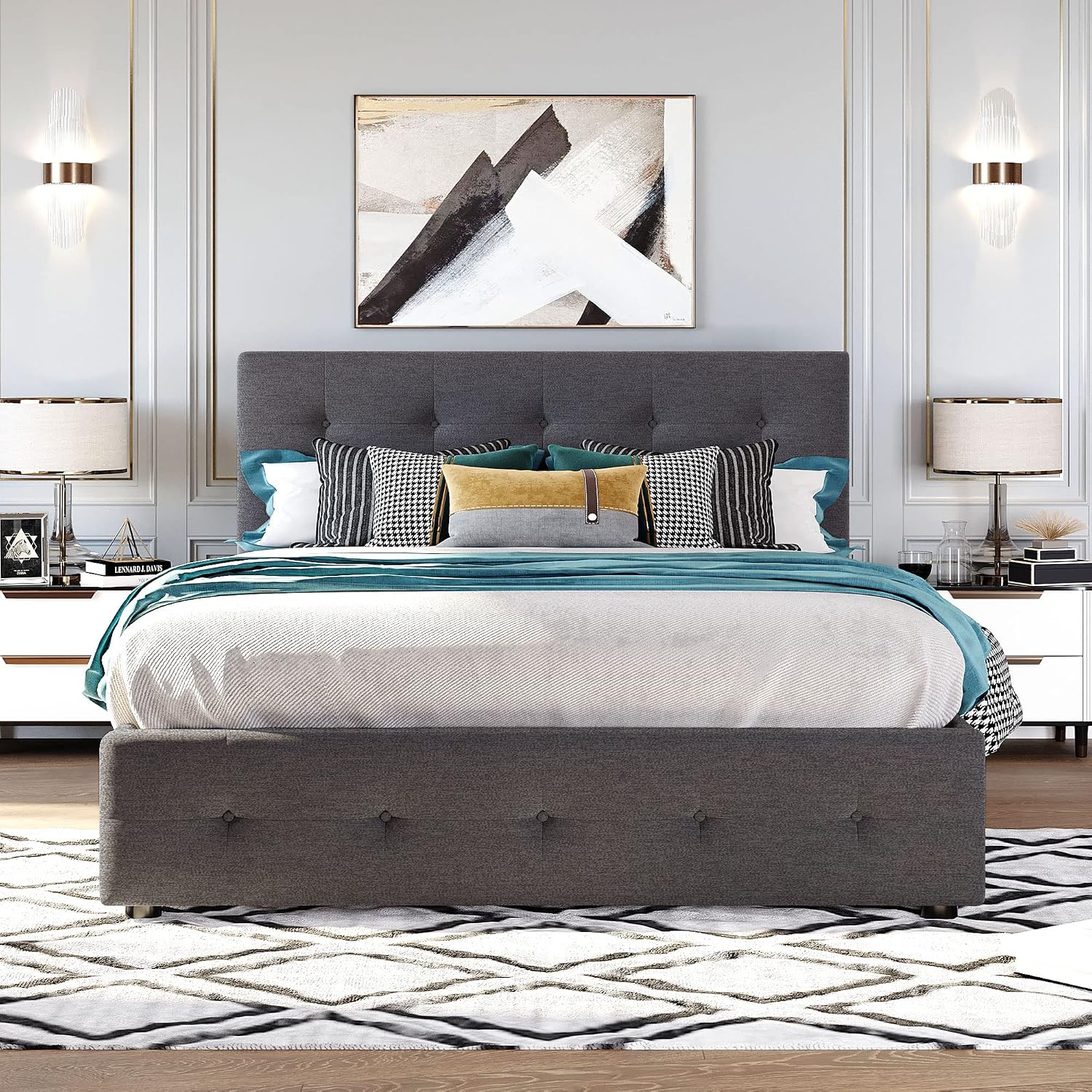 Merax Queen Size Upholstered Bed with 2 Storage Drawers and Twin XL Trundle, Solid Wood Platform Bed No Box Spring Needed, Dark Grey