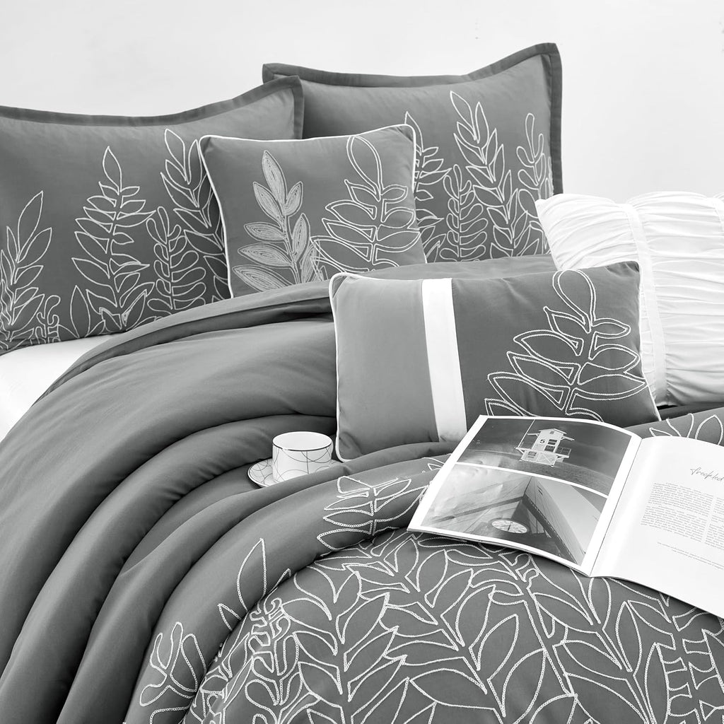 Stratford Park Grey Leaves King Bed Comforter Set, 7 Piece, Pillow Sham, Bedskirt, Decorative Pillow, Home Decor, All Season