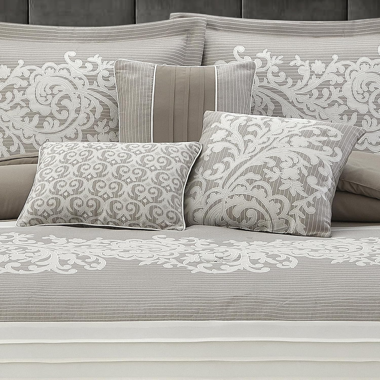 LANCO MODERN LIFESTYLE Taupe Comforter Set, Queen, Damask Jacquard with Matching Solid Piece Work, 7 Piece Soft Bedding Set for All Season, Bed Skirt, Pillow Shams and Decorative Pillows