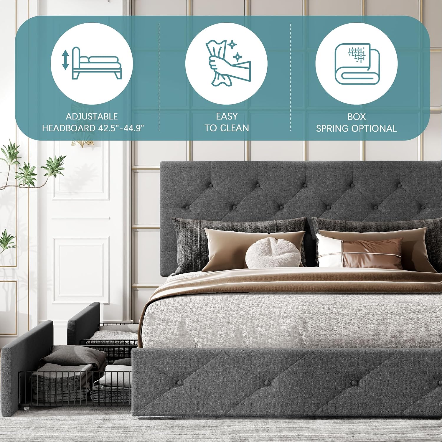 HOOMIC Full Size Platform Storage Bed Frame with 4 Drawers & Adjustable Headboard, Wooden Slats, No Box Spring Needed,Diamond Stitched Button Tufted Design, Noise Free, Dark Grey