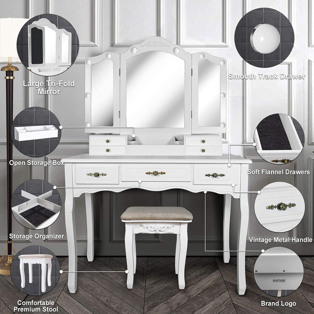 ENSTVER Vintage Vanity Desk with Mirror and Lights, Tri-Folding Mirrors, 6 Organization 7 Drawers Makeup Dress Vanity Table with Cushioned Stool-White