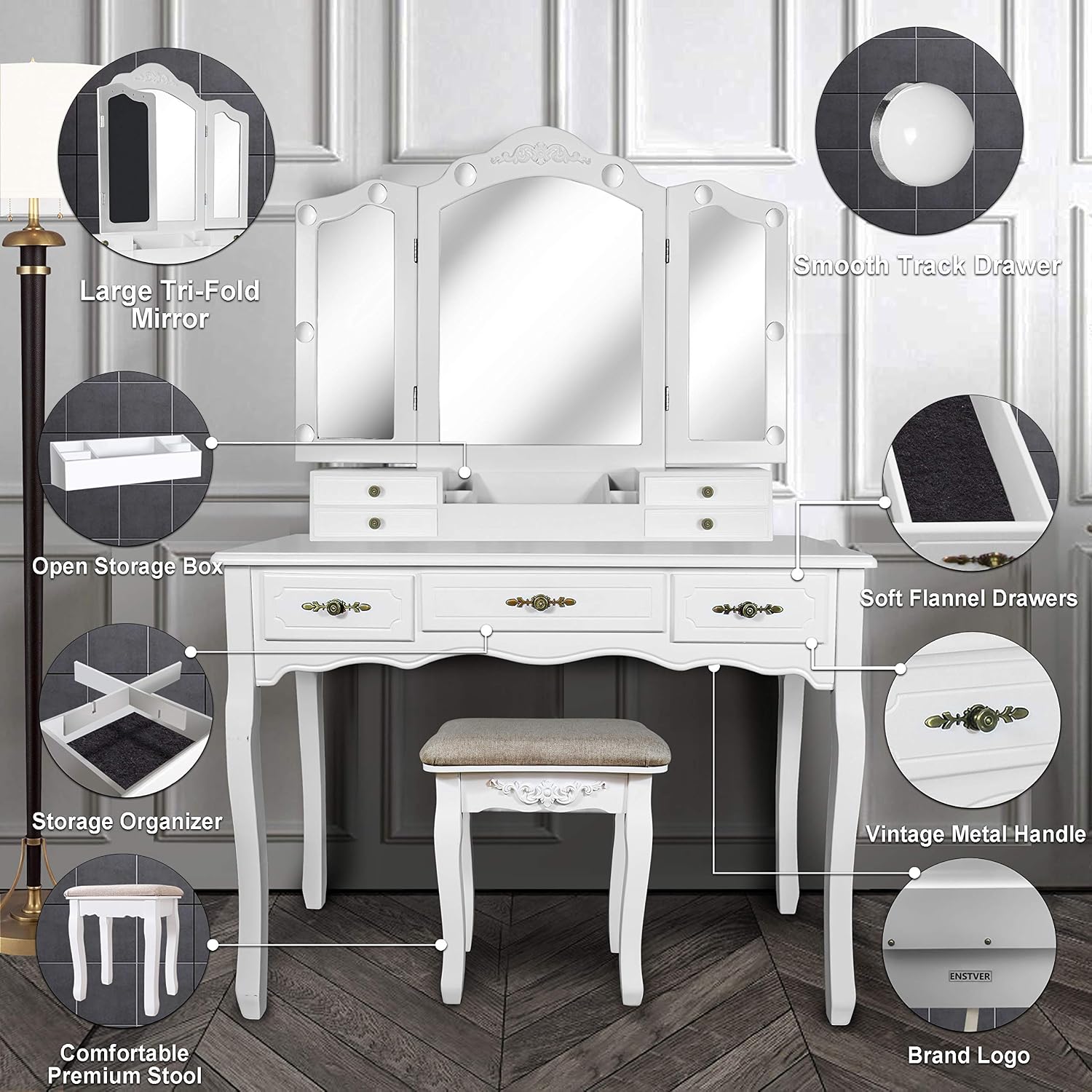 ENSTVER Vintage Vanity Desk with Mirror and Lights, Tri-Folding Mirrors, 6 Organization 7 Drawers Makeup Dress Vanity Table with Cushioned Stool-White