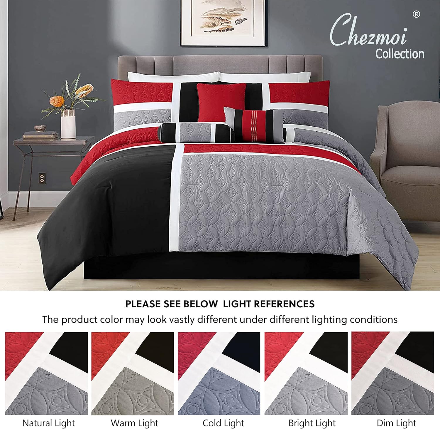 Chezmoi Collection Upland 7-Piece Quilted Patchwork Comforter Set, Red/Gray/Black, Oversized King