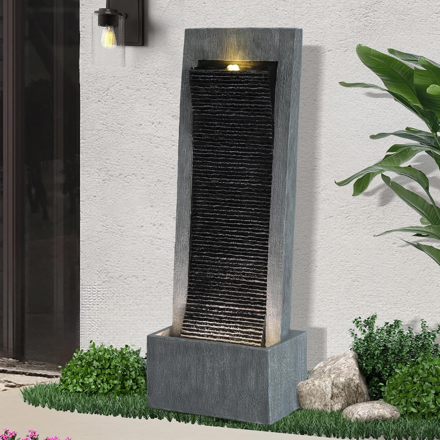 49.6' H Waterfall Fountains Outdoor Garden - Water Fountains and Waterfalls Outside, Large Indoor Floor Standing Resin Fountain Features W/Pump LED Light Cobbles for Patio, Home Art Decor