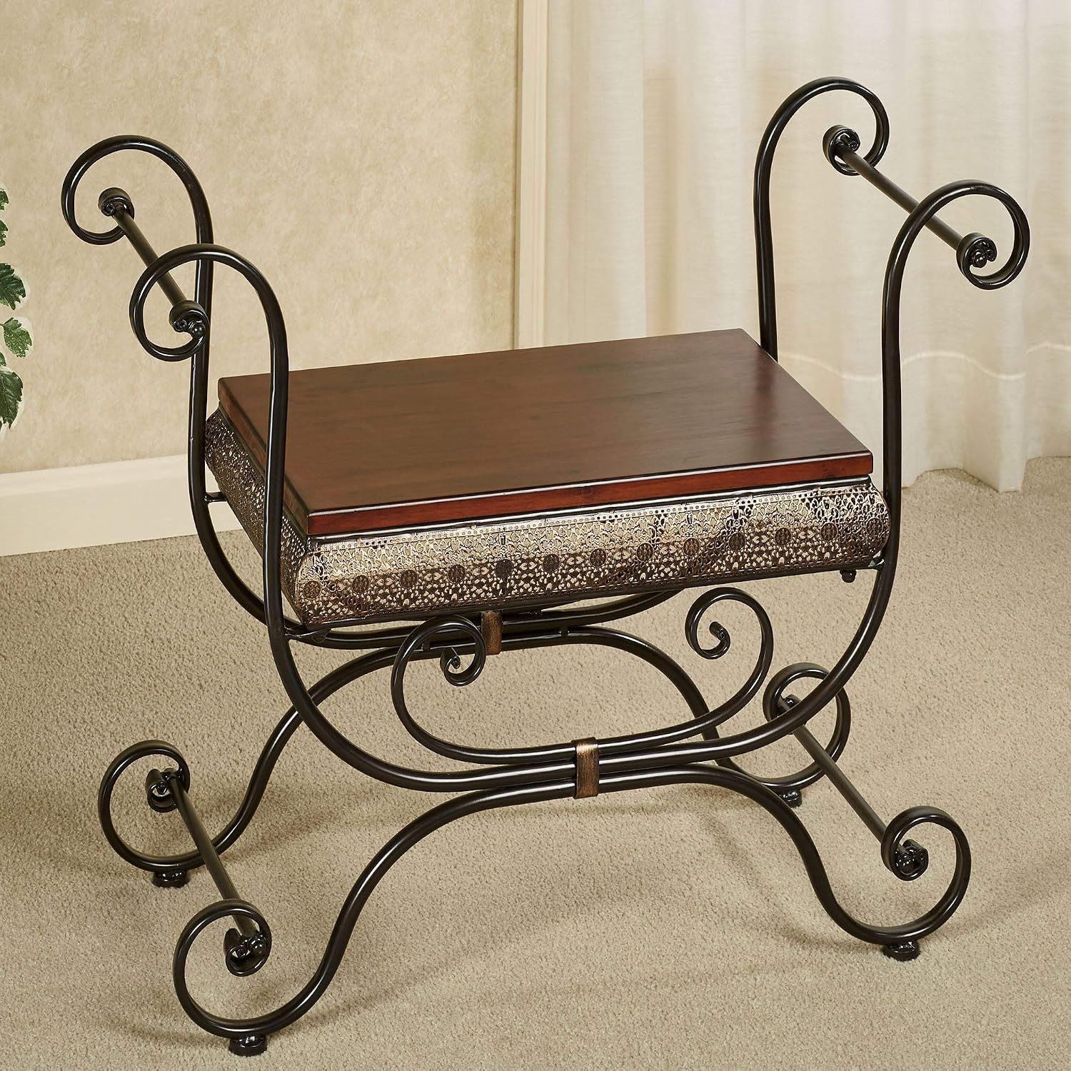 Touch of Class Charleston Ornate Openwork Vanity Bench Stool Bronze | Lace Scrolls with Arms - Metal with Naturally Cherry Wood Seat | Elegant Stools for Bathroom, Makeup, Bedroom