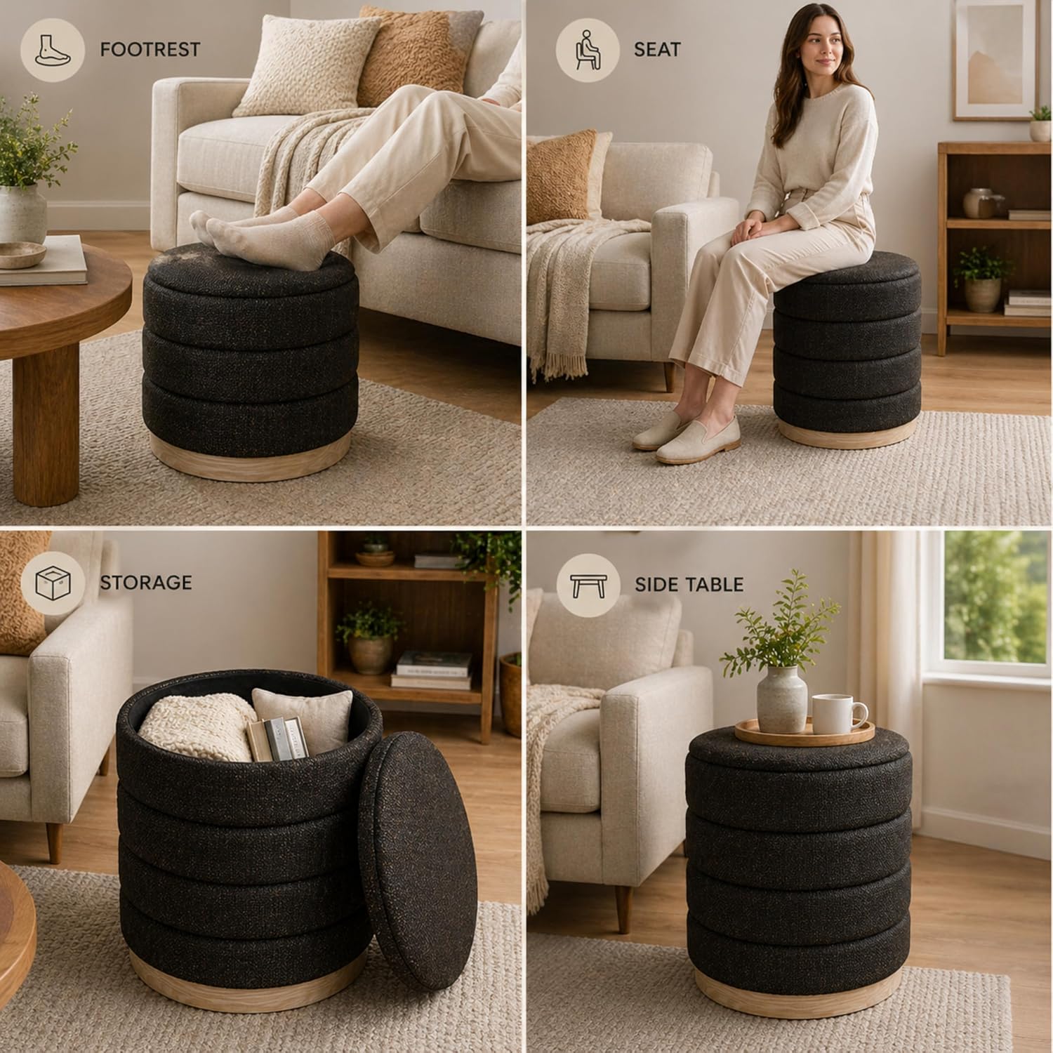Ottoman Collection Stylish Linen Cylinder Storage Chocolate Round Footrest Vanity Stool Furniture Living Room Small Bench 16' L X16 W X 17' H