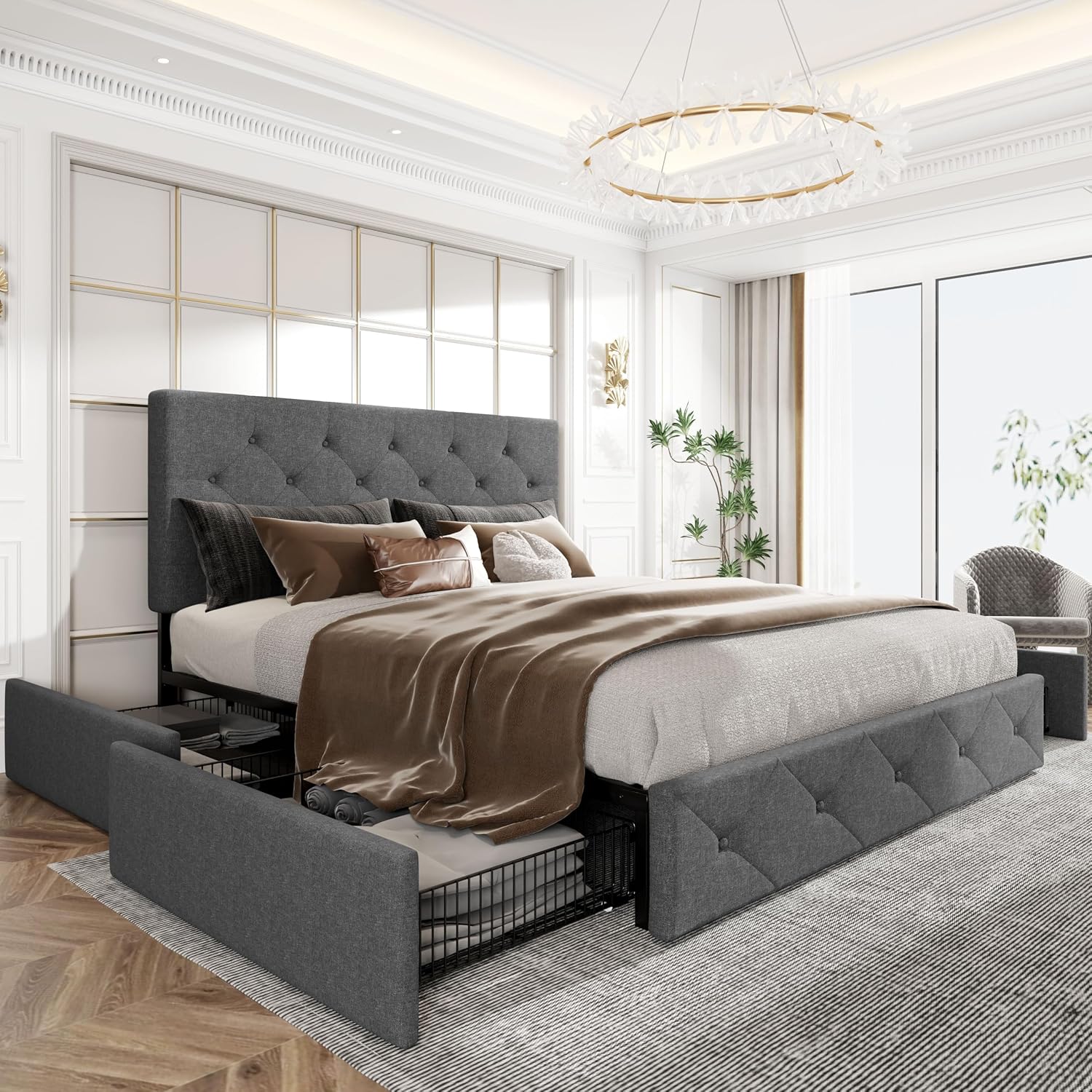 HOOMIC Queen Size Platform Storage Bed Frame with 4 Drawers & Adjustable Headboard, Wooden Slats, No Box Spring Needed,Diamond Stitched Button Tufted Design, No squeaks, Dark Grey