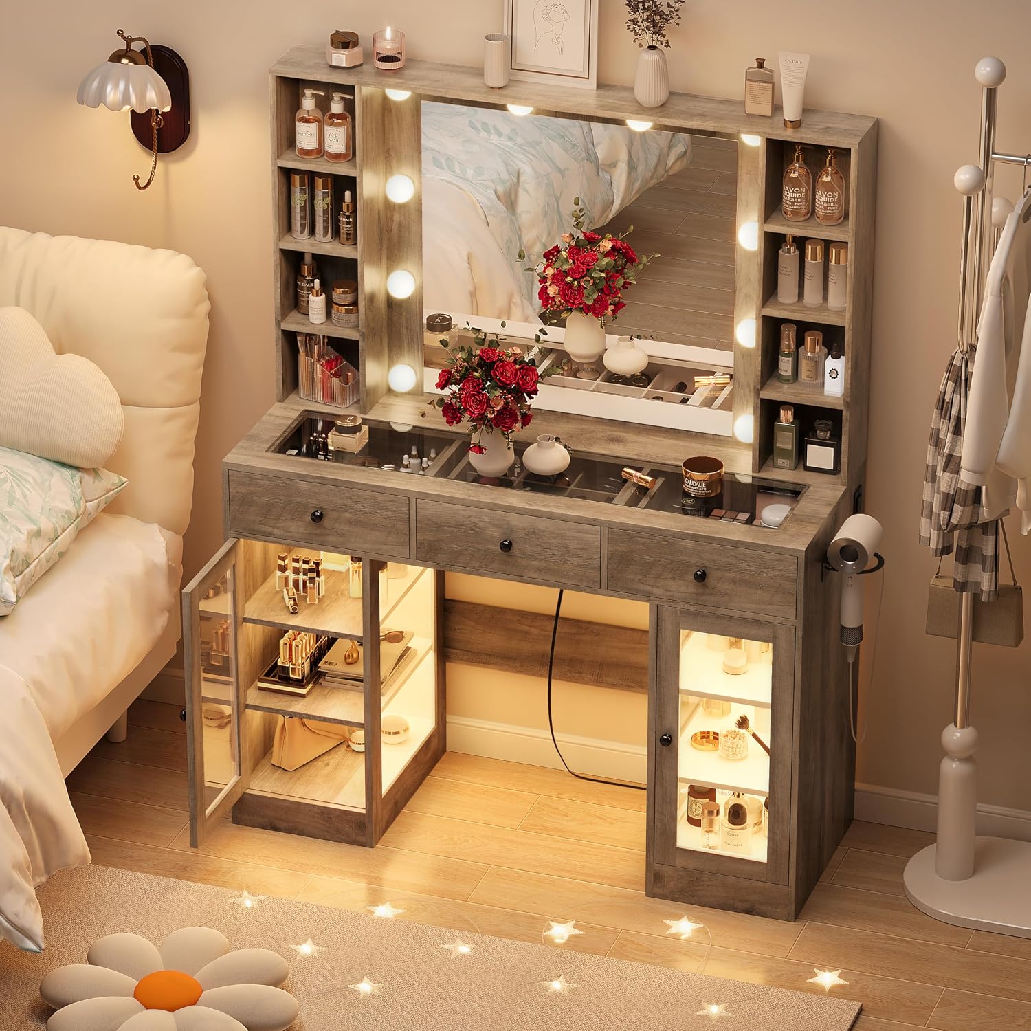 Grey Vanity Desk with Mirror and Lights, Glass Top Vanity with Lighted Mirror & RGB Glass Cabinet and 3 Drawers, Farmhouse Makeup Vanity Desk with Lights Dressing Table for Bedroom, 3 Color Modes