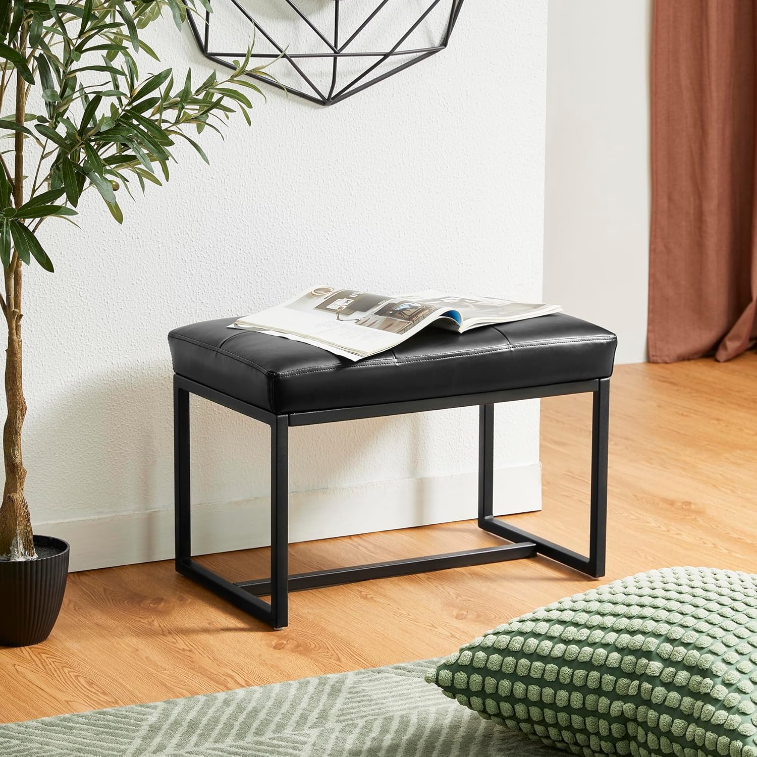 Glitzhome Ottoman Bench Pack of 2, Modern PU Leather Vanity Stools Chairs with Metal Frame, Makeup Stool Padded Foot Rest Stool for Living Room Vanity, Entryway, Bathroom, Black