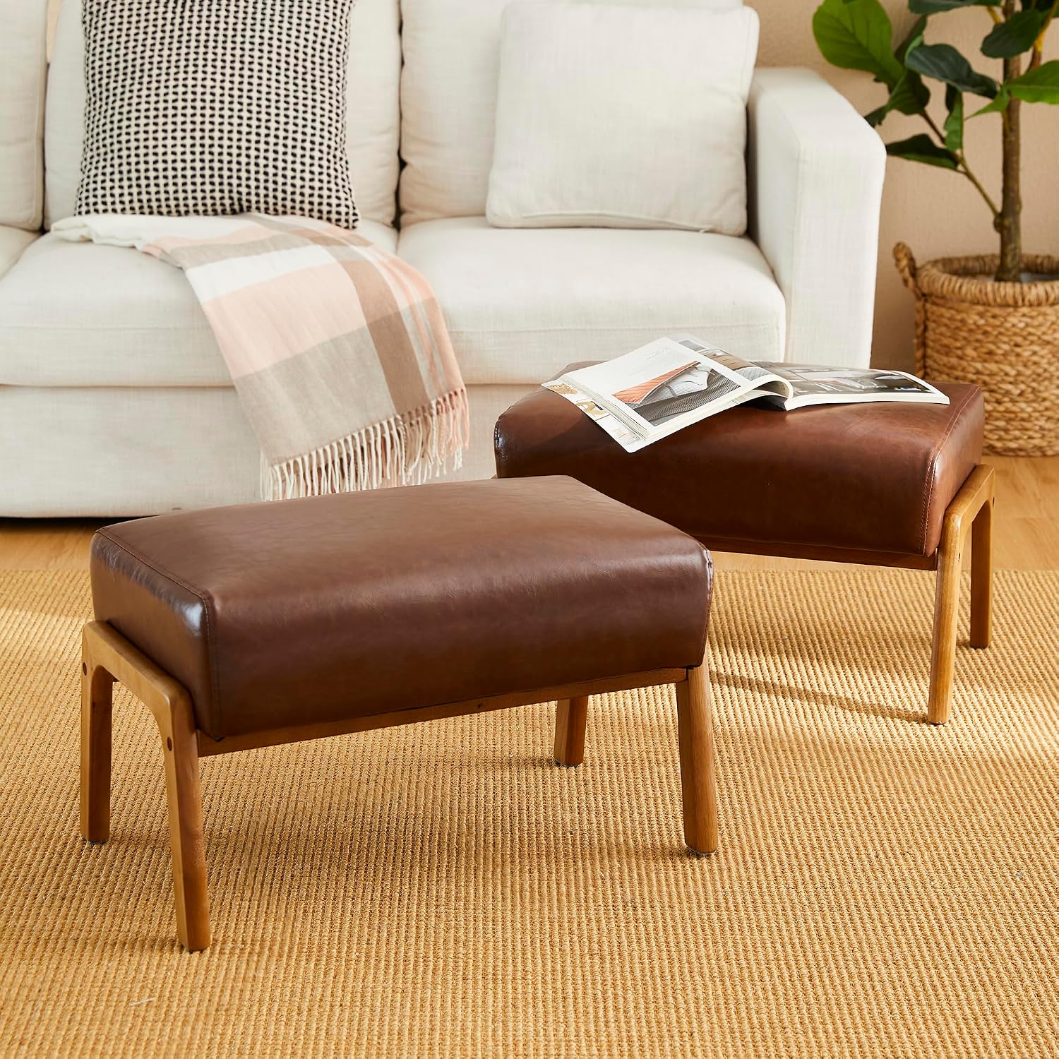 Glitzhome Rectangle Ottoman Bench Set of 2, Modern Coffee Leatherette Footstool with Walnut Rubberwood Legs for Living Room, Bedroom